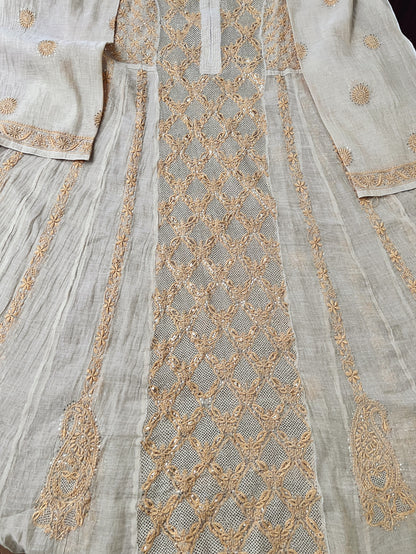 Natural Gold Beige Tissue Chanderi Silk Anarkali with Chikankari, Kasab Haath Jaali and Mukaish