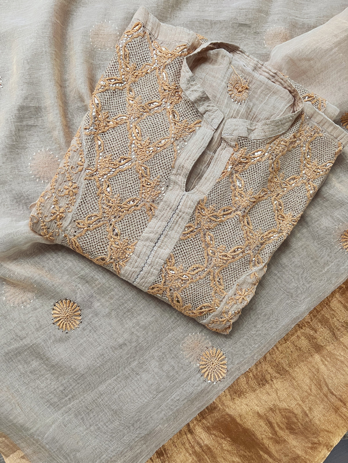 Natural Gold Beige Tissue Chanderi Silk Anarkali with Chikankari, Kasab Haath Jaali and Mukaish
