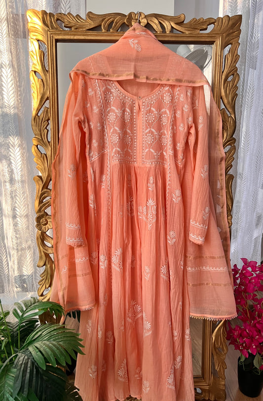Peach Mul Chanderi Chikankari, Kamdani & Haath Jaali Anarkali Tunic