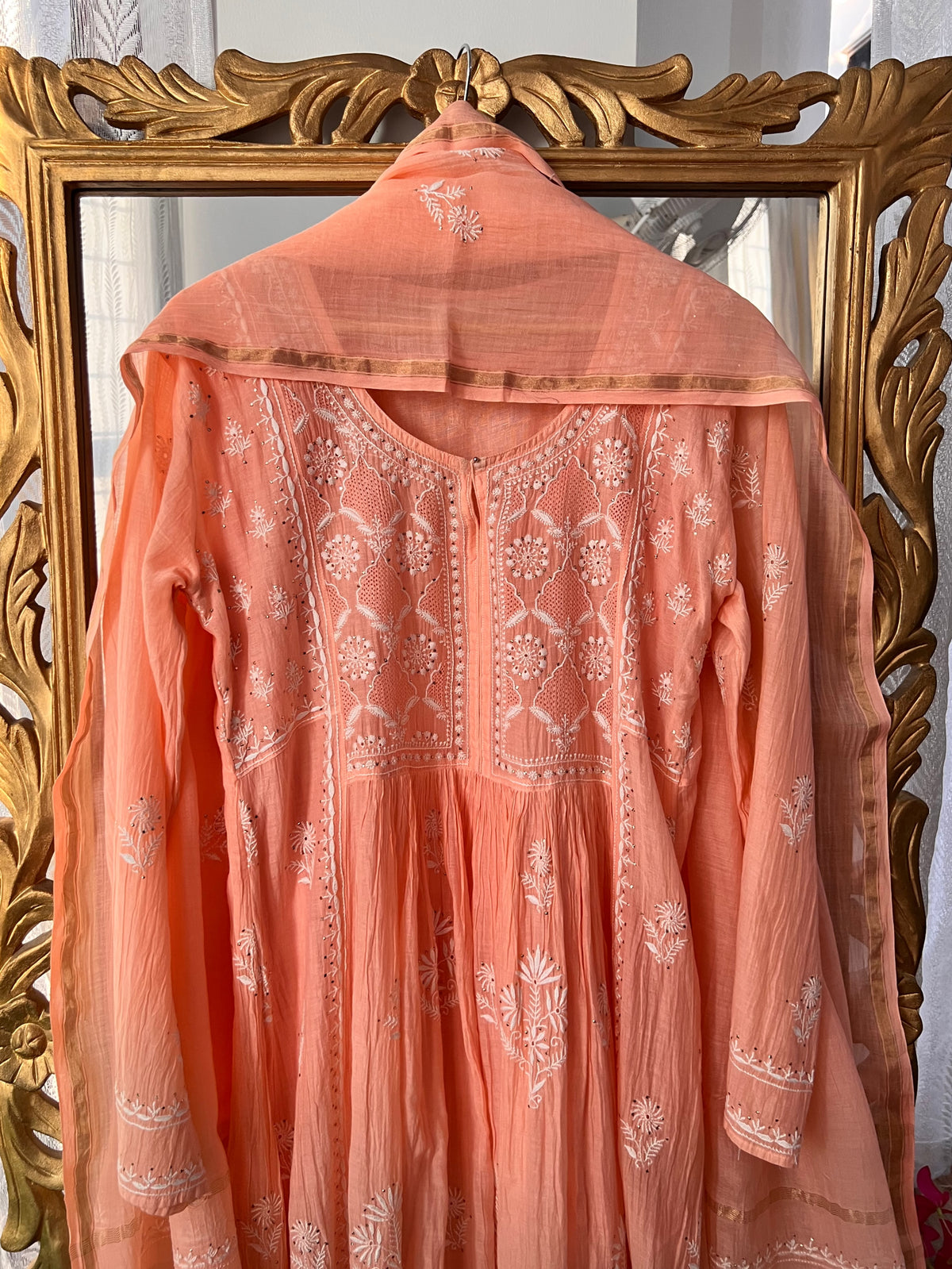 Peach Mul Chanderi Chikankari, Kamdani & Haath Jaali Anarkali Tunic