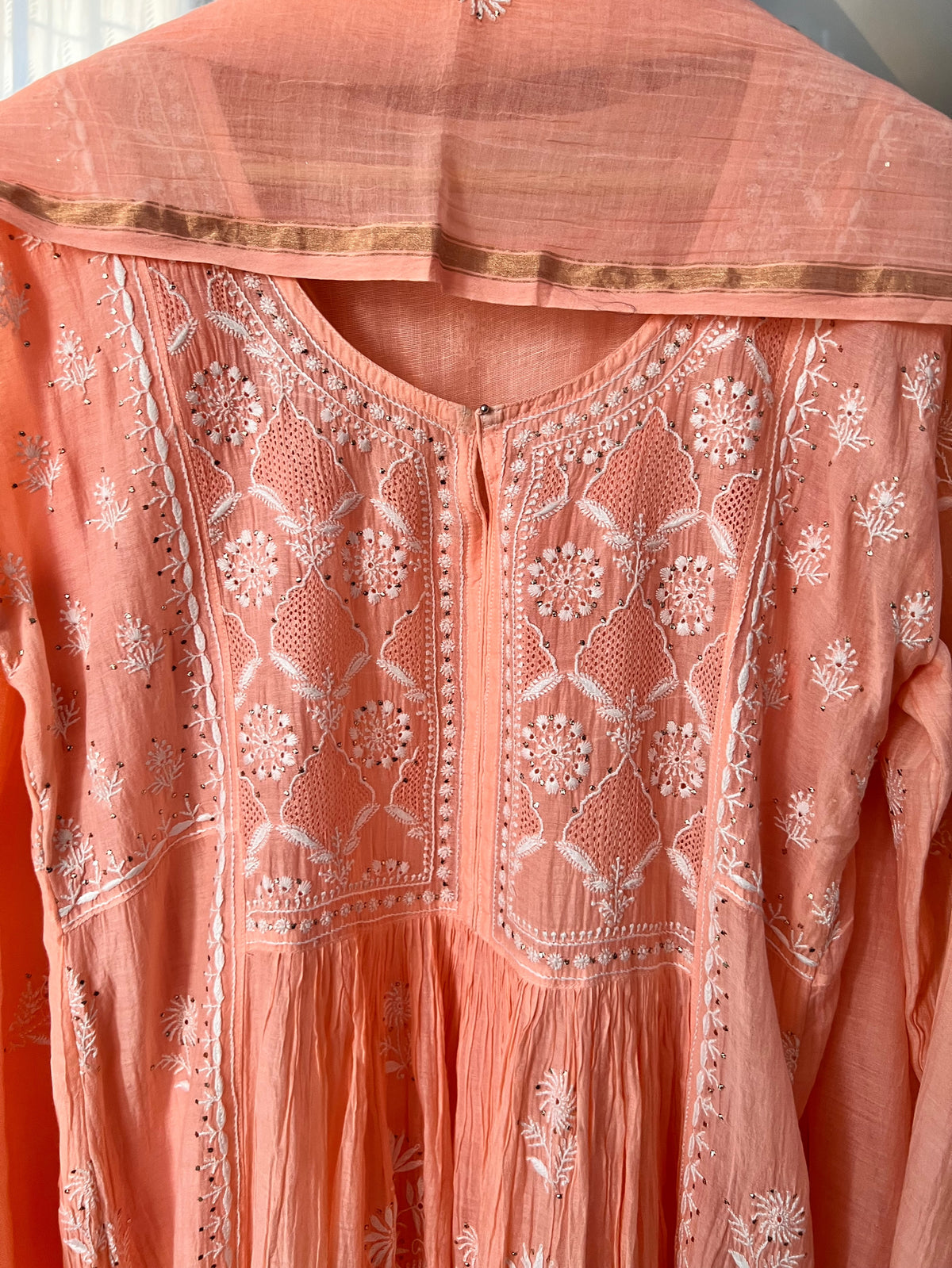 Peach Mul Chanderi Chikankari, Kamdani & Haath Jaali Anarkali Tunic