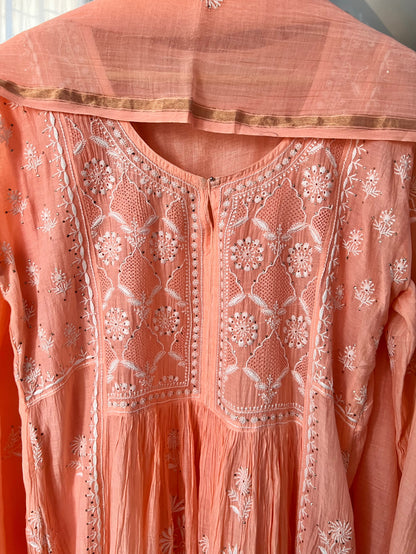 Peach Mul Chanderi Chikankari, Kamdani & Haath Jaali Anarkali Tunic