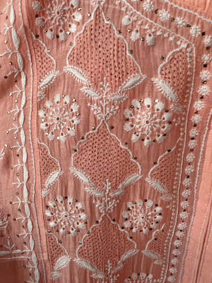 Peach Mul Chanderi Chikankari, Kamdani & Haath Jaali Anarkali Tunic