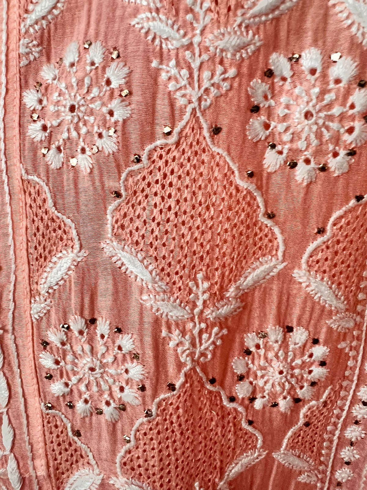 Peach Mul Chanderi Chikankari, Kamdani & Haath Jaali Anarkali Tunic