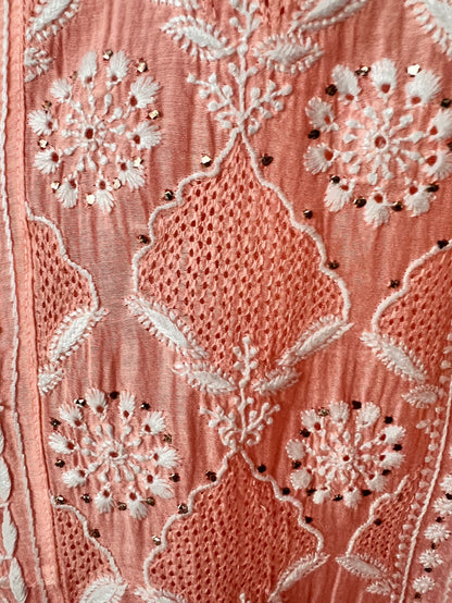 Peach Mul Chanderi Chikankari, Kamdani & Haath Jaali Anarkali Tunic