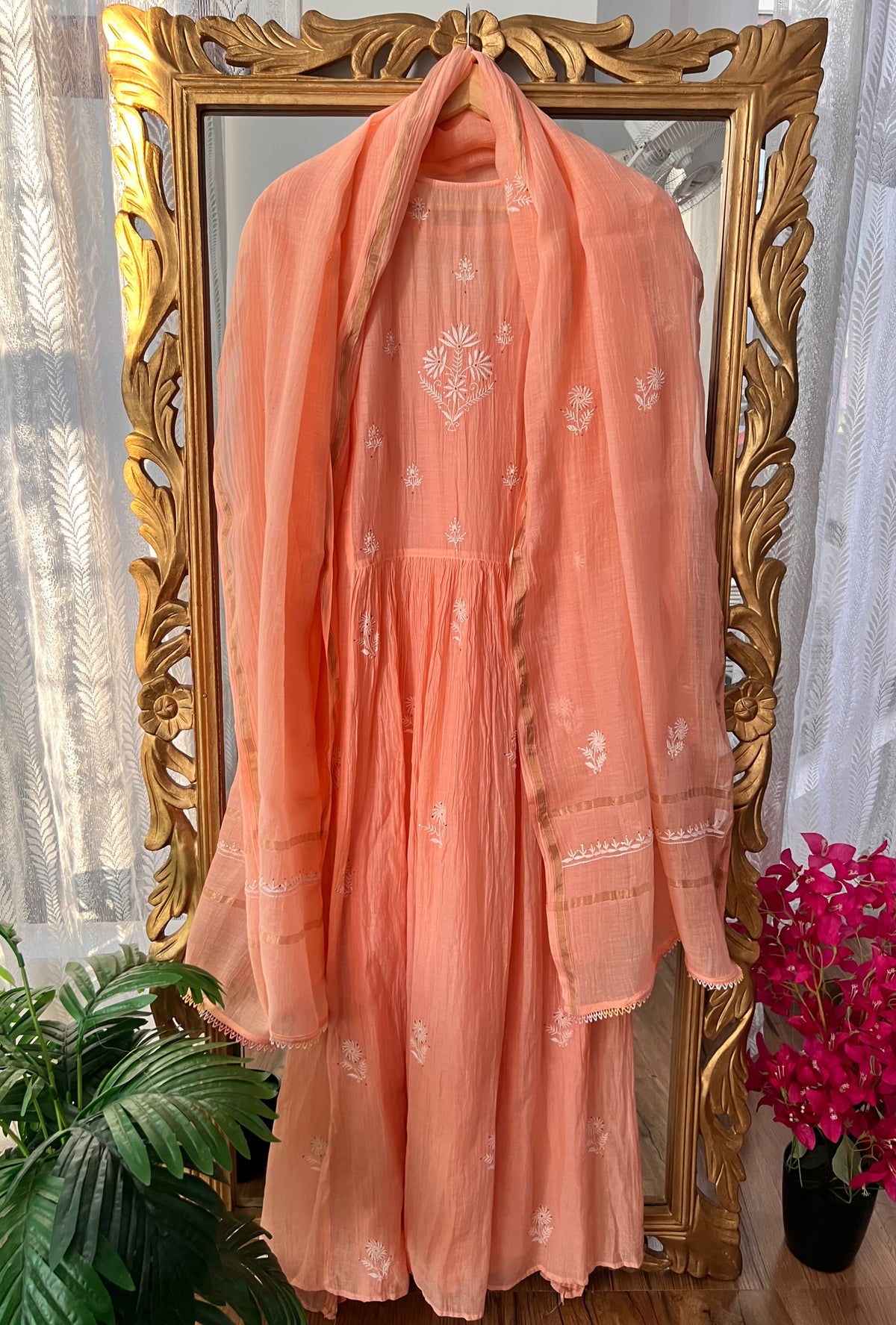 Peach Mul Chanderi Chikankari, Kamdani & Haath Jaali Anarkali Tunic