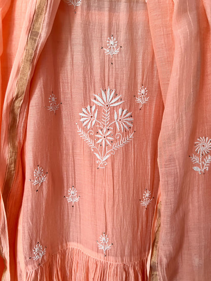 Peach Mul Chanderi Chikankari, Kamdani & Haath Jaali Anarkali Tunic