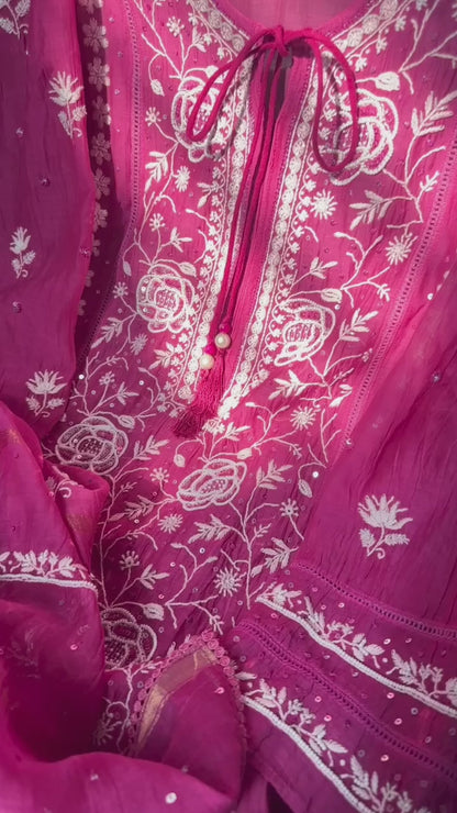 Magenta Mul Chanderi Kurta Set with Chikankari & Embellishments