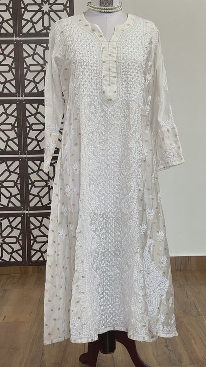 Off White Chanderi Anarkali with Chikankari