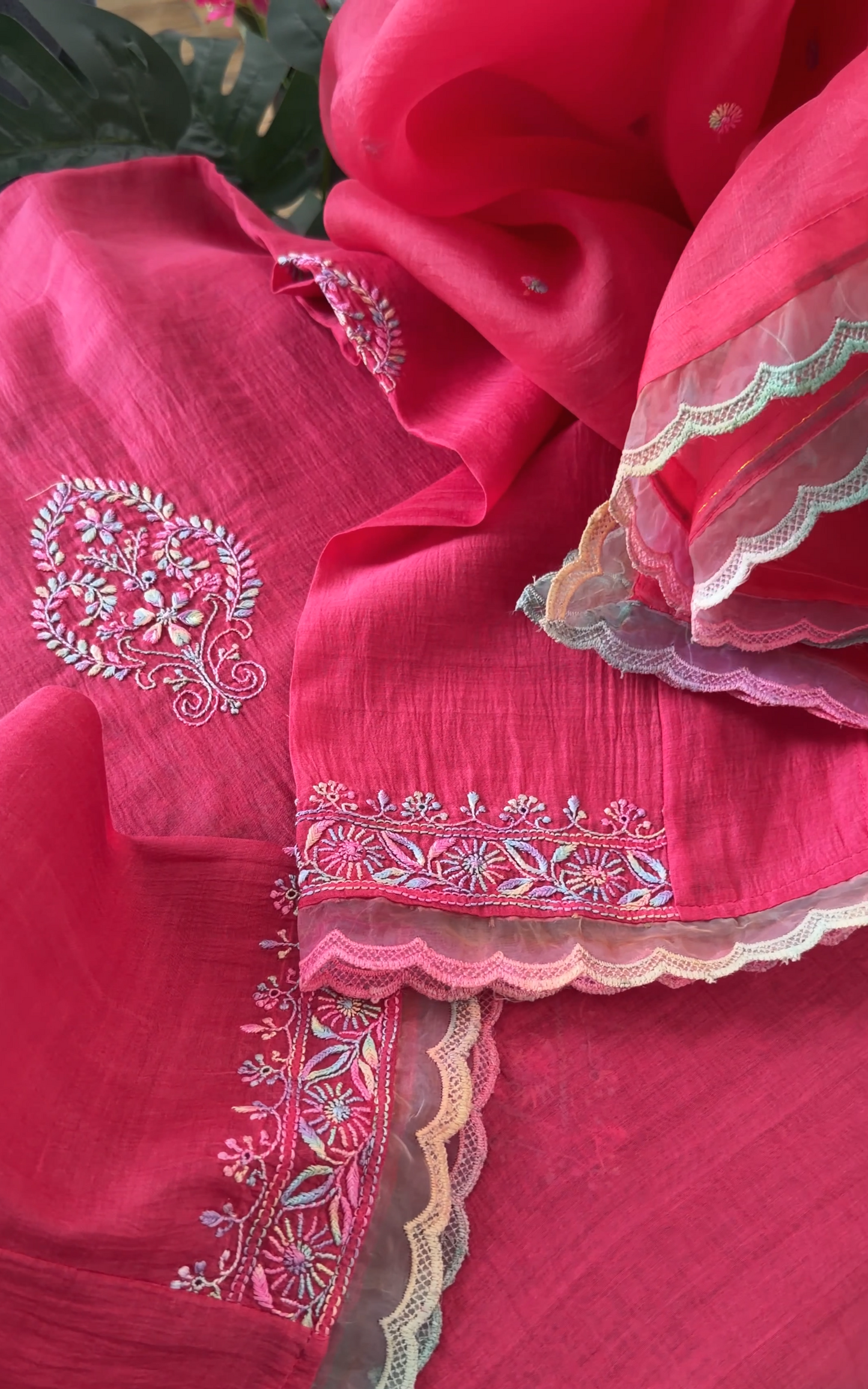 ShaSumz Exclusive: Pure Mul Chanderi Multi Colour Chikankari Suit Set