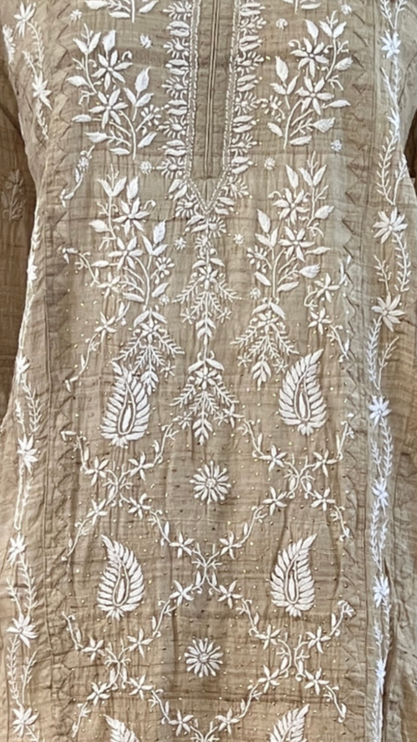 Pure Tussar Silk kurta with intricate Chikankari and Mukaish embroidery in elegant design.