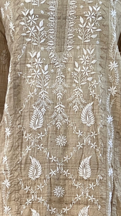Pure Tussar Silk kurta with intricate Chikankari and Mukaish embroidery in elegant design.