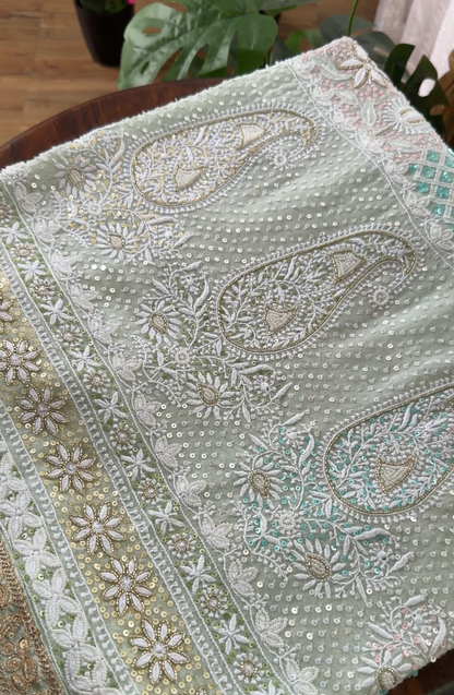 Pista Green Pure Georgette Suit with Chikankari & Embellishments