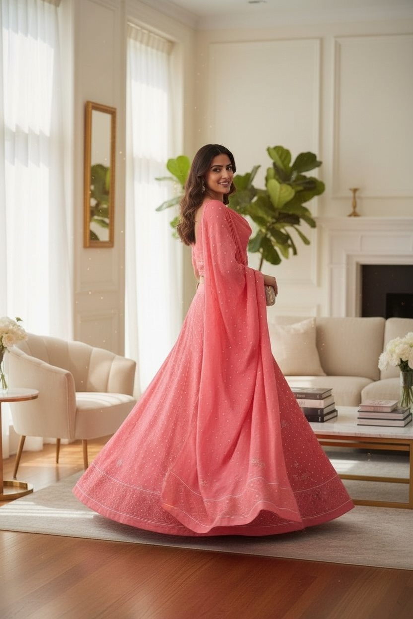 Coral Pink Chikankari and Mukaish Lehanga Set