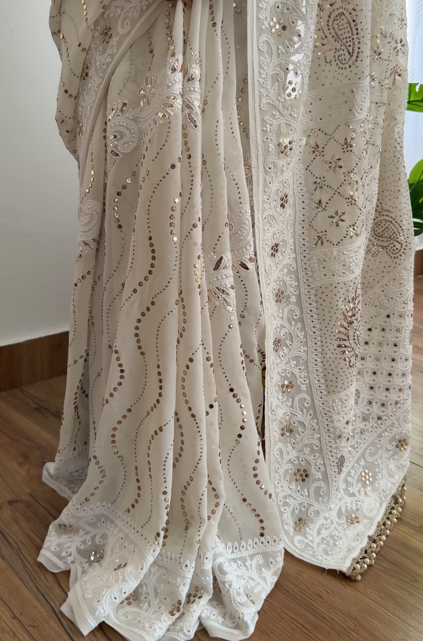 Ivory Hand-Embroidered Chikankari & Handcrafted Mukaish Saree