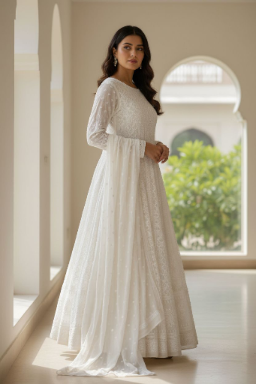 Off White Chikankari and Embellishments Anarkali – Pure Georgette Elegance