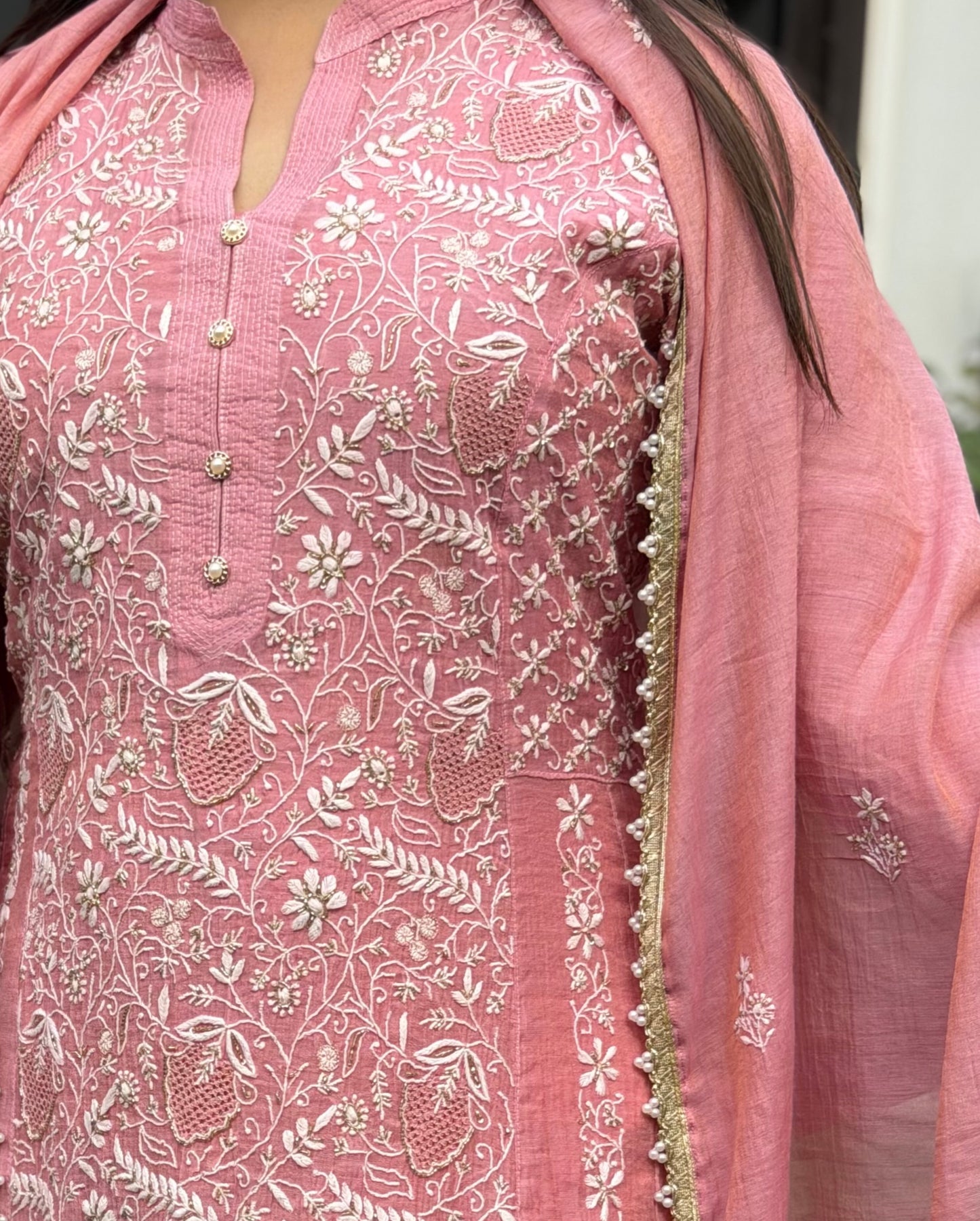 Dusty Rose Tissue Chanderi Chikankari Anarkali featuring intricate embroidery and delicate embellishments.