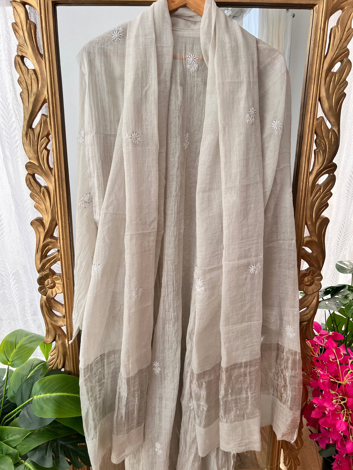 Silver Tissue Chanderi Silk Suit with Chikankari, Kasab Haath Jaali and Mukaish