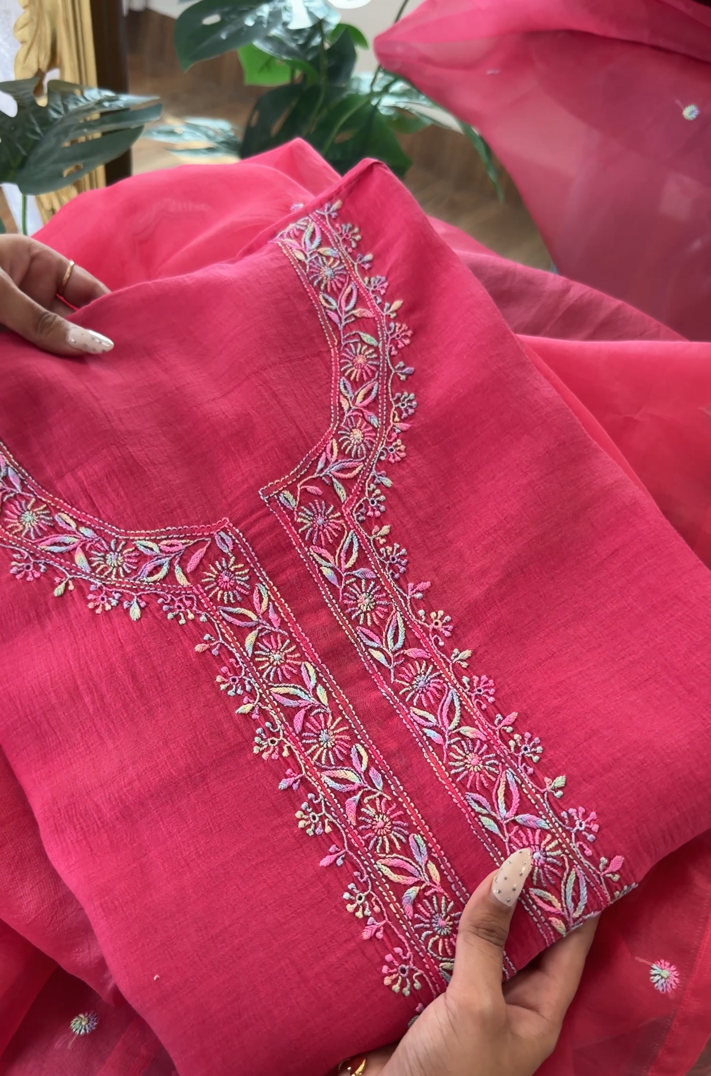 ShaSumz Exclusive: Pure Mul Chanderi Multi Colour Chikankari Suit Set