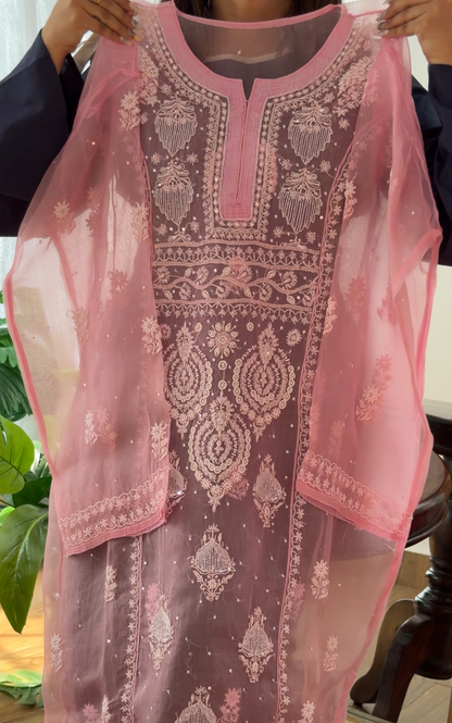 Pink Pure Organza Silk Kurta Set with Chikankari and Embellishments