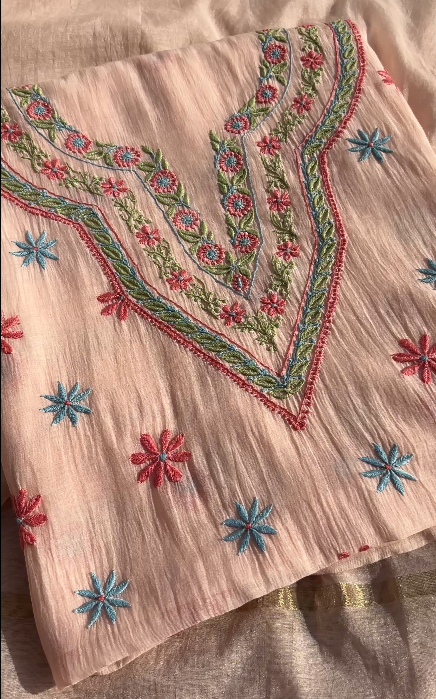 Soft Peach Mul Chanderi Suit Set with Multi Colour Chikankari