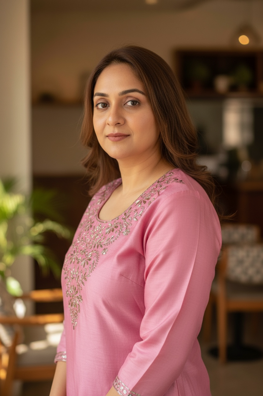 Chanderi Mukaish Kurta - Pink