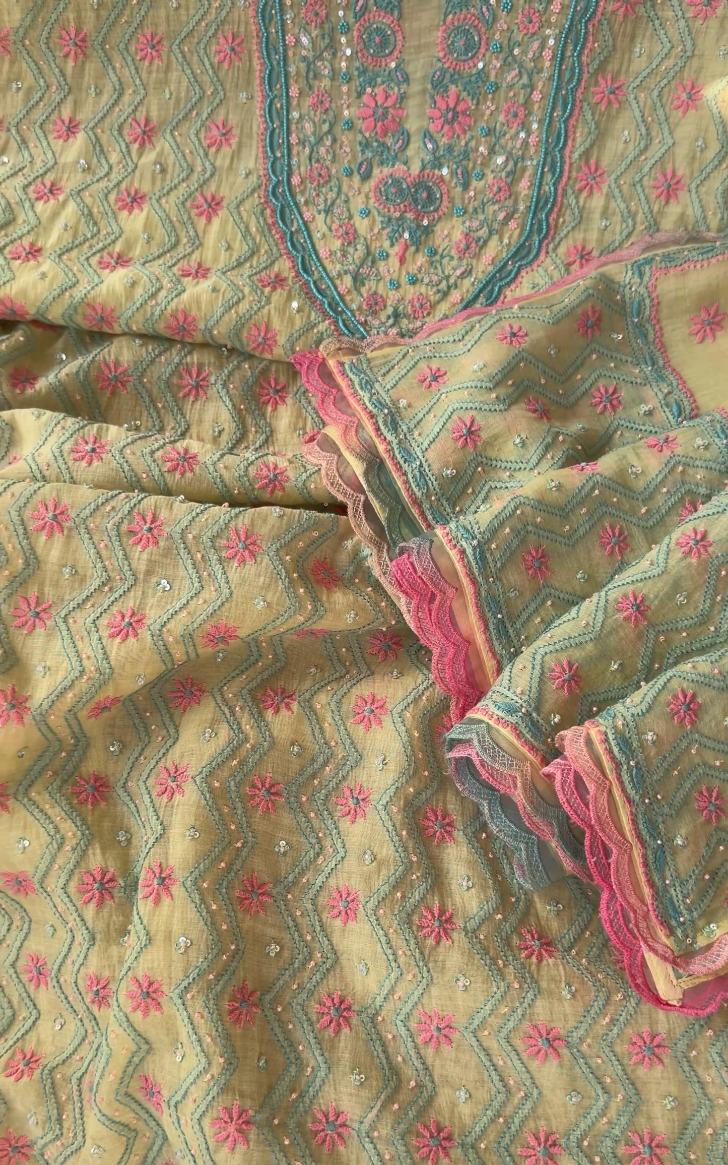 ShaSumz Exclusive: Vibrant Yellow Mul Chanderi Suit with Pastel Chikankari