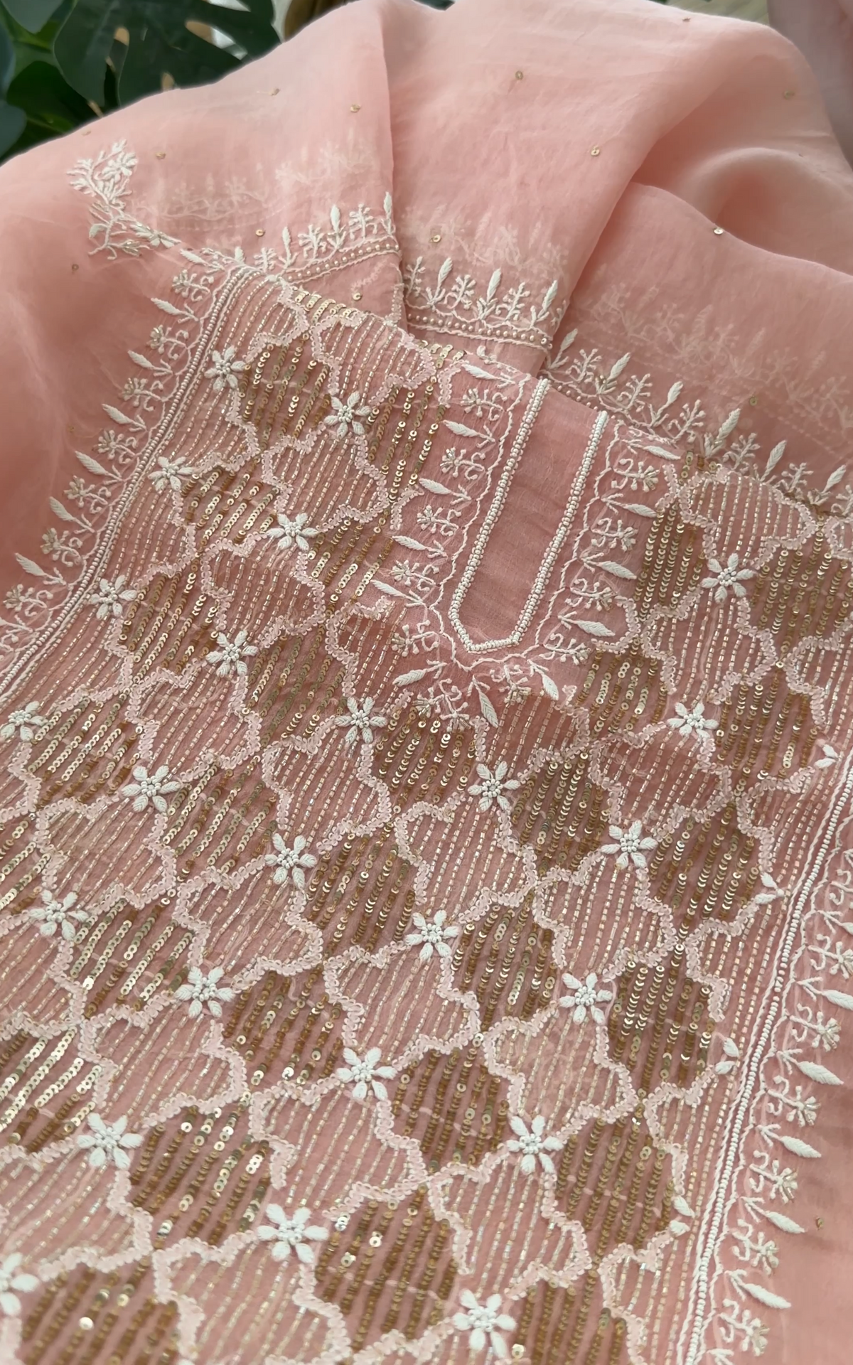 Peachy Pink Pure Organza Silk Suit with Hand-embroidered Chikankari & Sequins