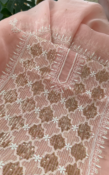 Peachy Pink Pure Organza Silk Suit with Hand-embroidered Chikankari & Sequins