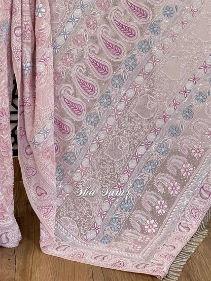 Pure Georgette Saree with Chikankari and Embellishments