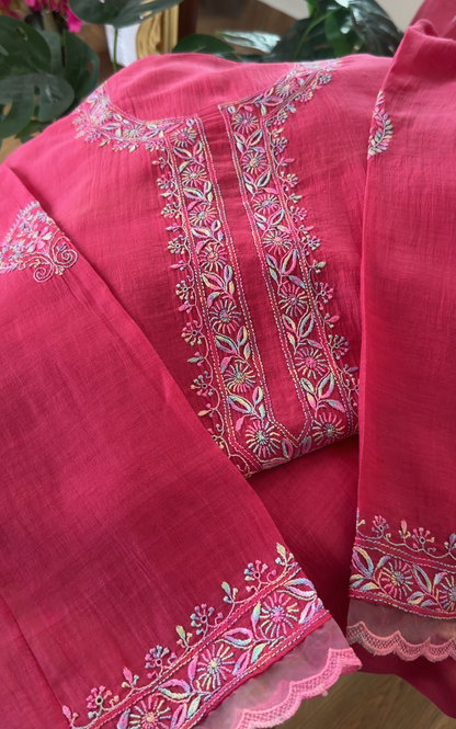 ShaSumz Exclusive: Pure Mul Chanderi Multi Colour Chikankari Suit Set