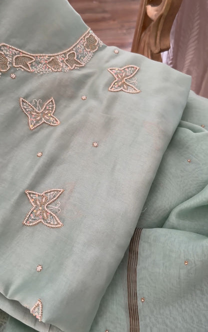 Sage Green Hand-Embroidered Chanderi Silk Chikankari Kurta & Dupatta Set