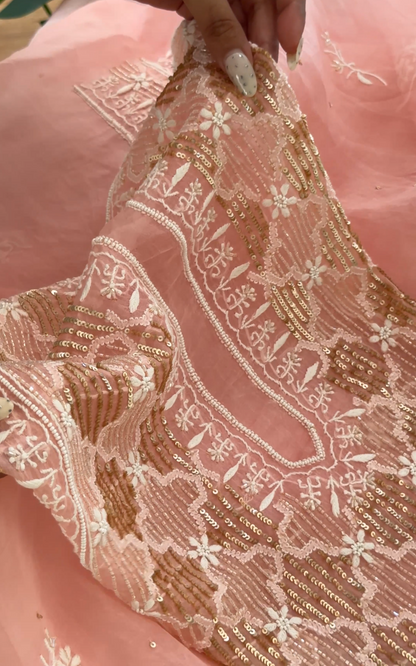 Peachy Pink Pure Organza Silk Suit with Hand-embroidered Chikankari & Sequins