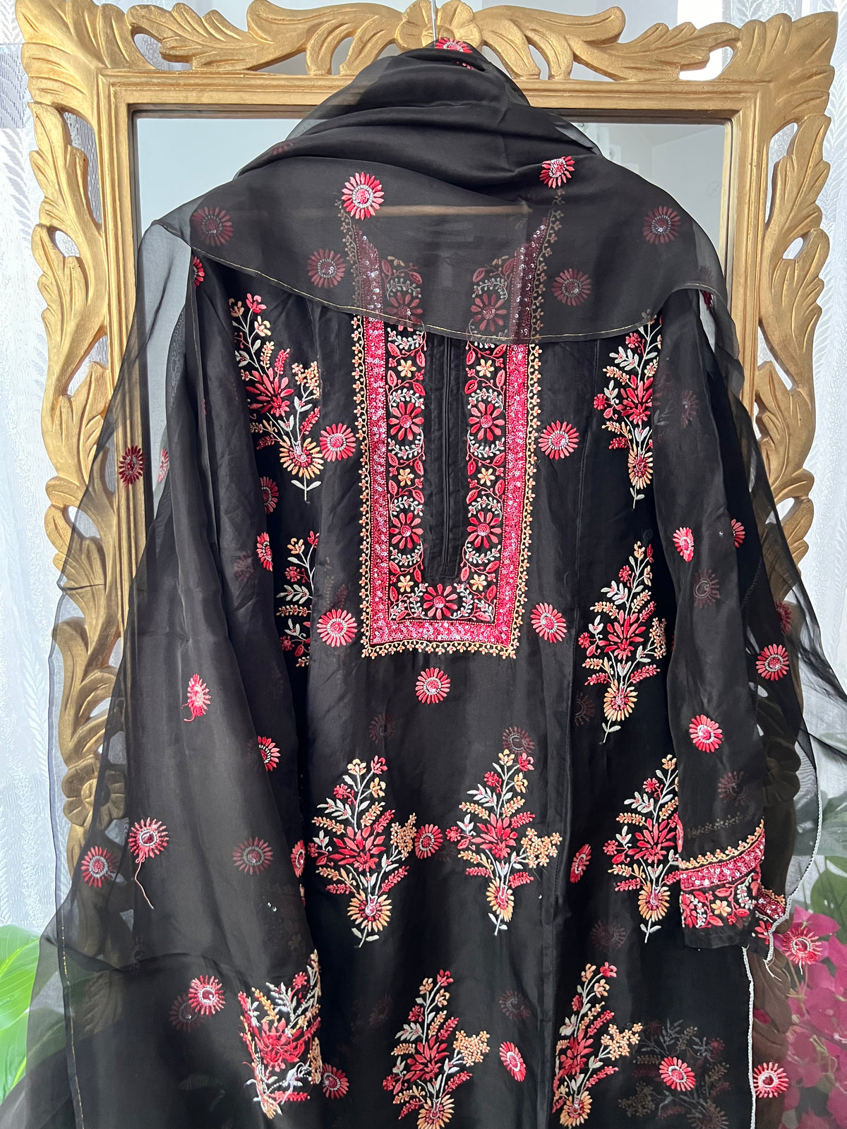 Black Pure Organza Silk Kurta Set with Multi Colour Chikankari and Embellishments