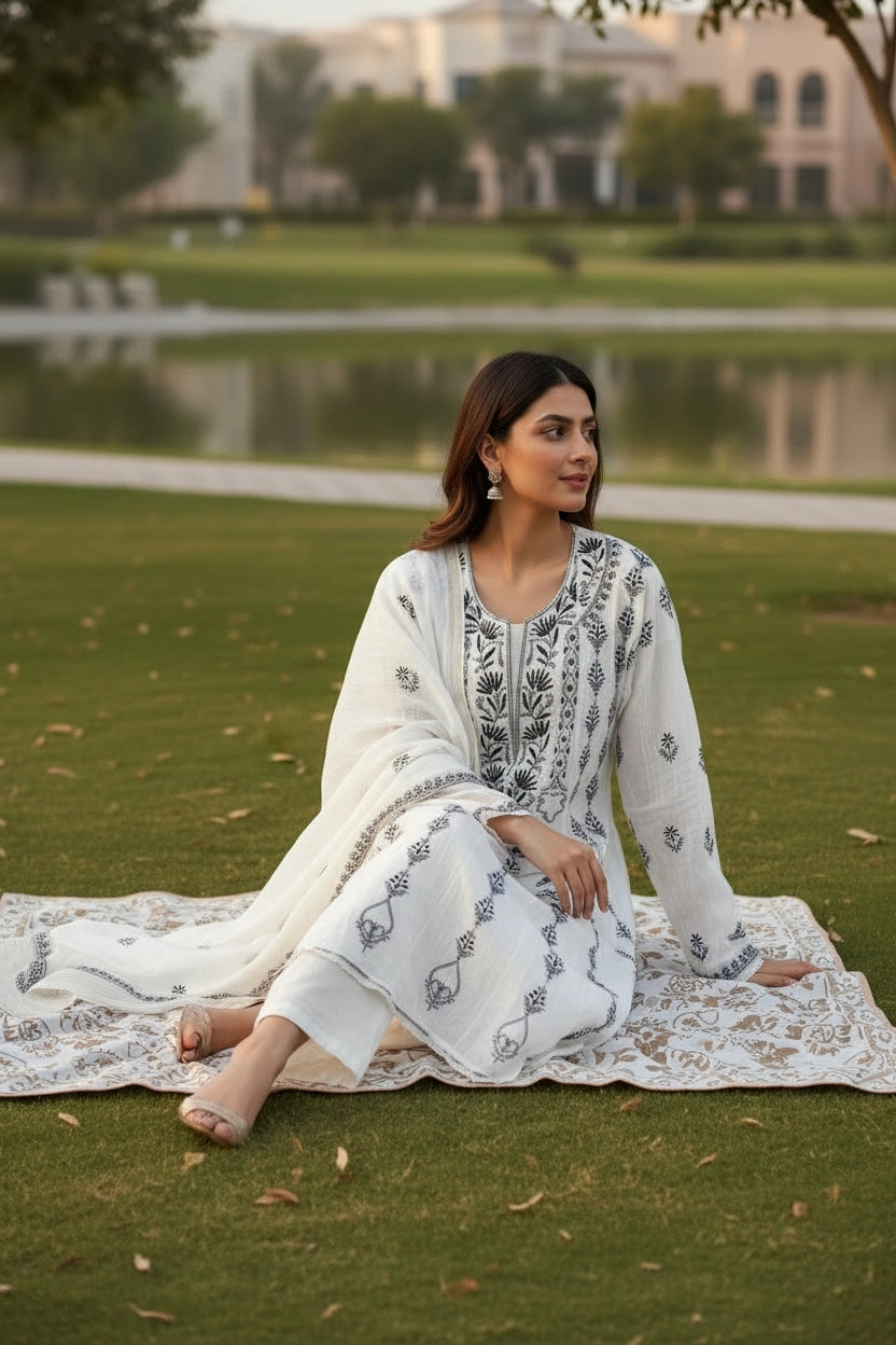 Black and White Mul Chanderi Anarkali