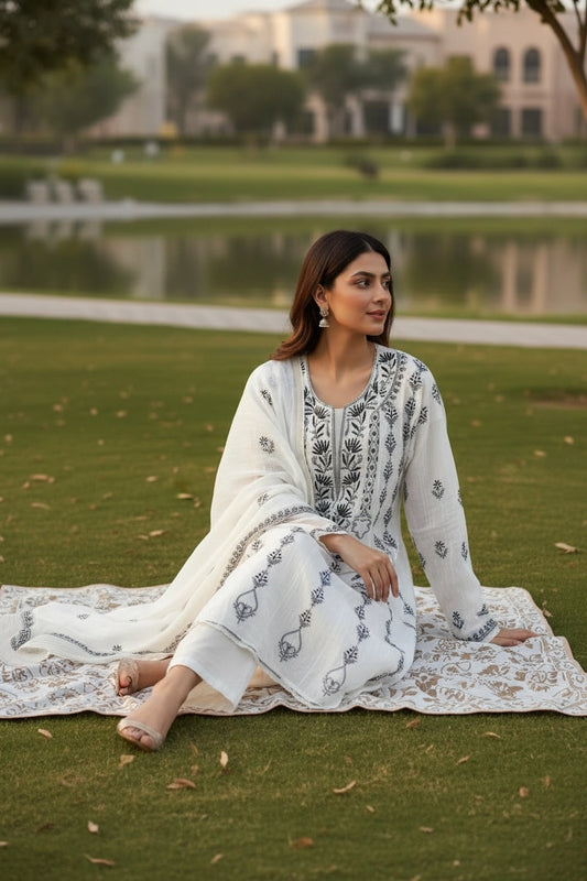 Black and White Mul Chanderi Anarkali