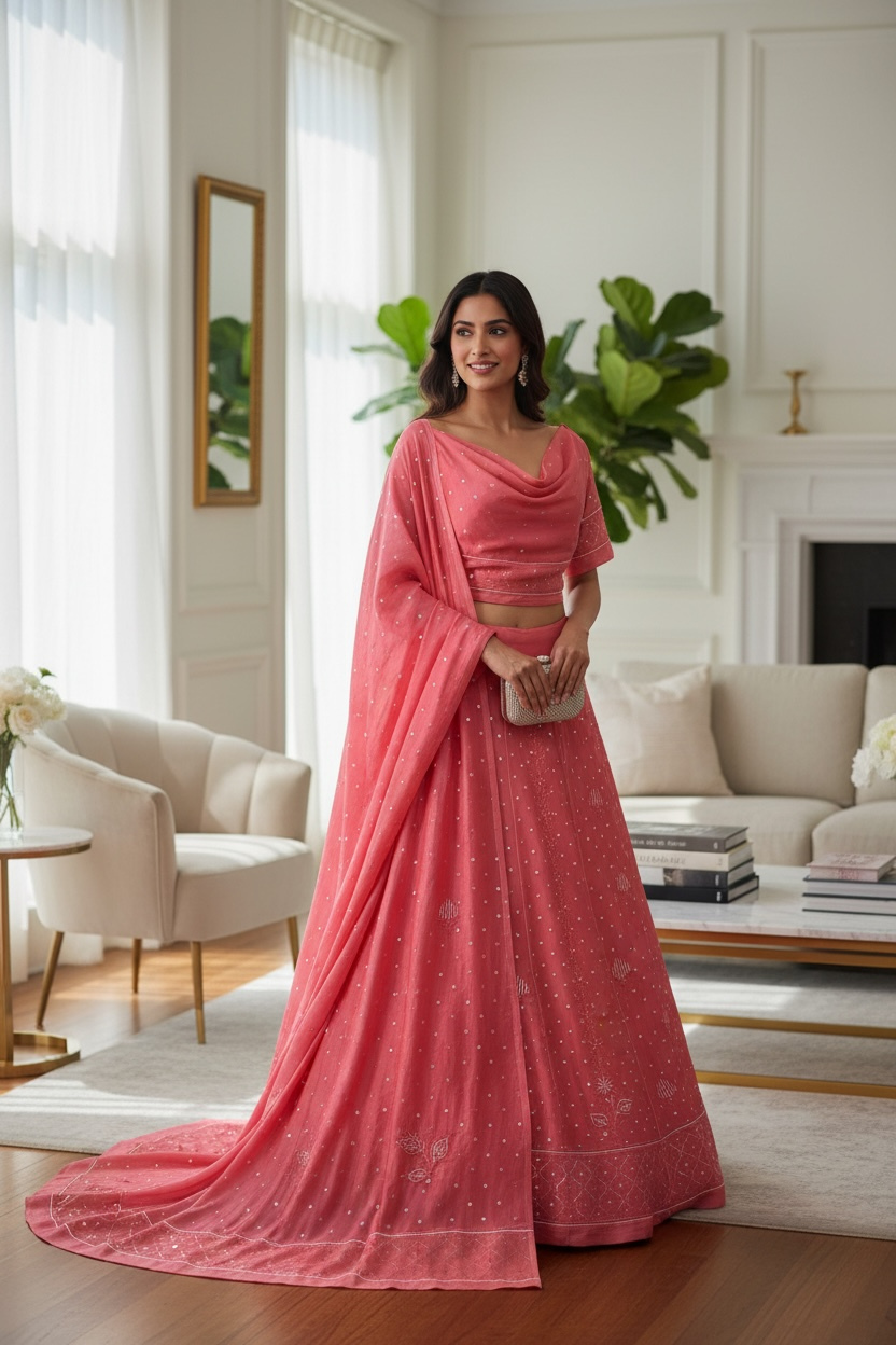 Coral Pink Chikankari and Mukaish Lehanga Set