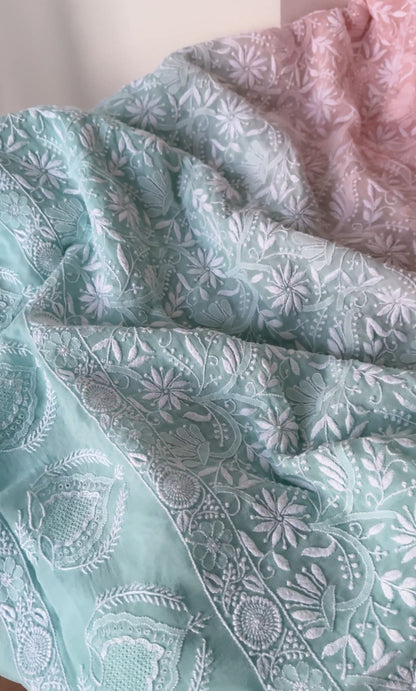 Sea Foam Green and Blush Pink Pure Georgette Chikankari Suit