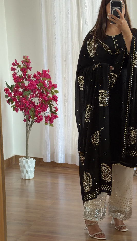 Black Pure Georgette Dupatta with Gold Mukaish Badla