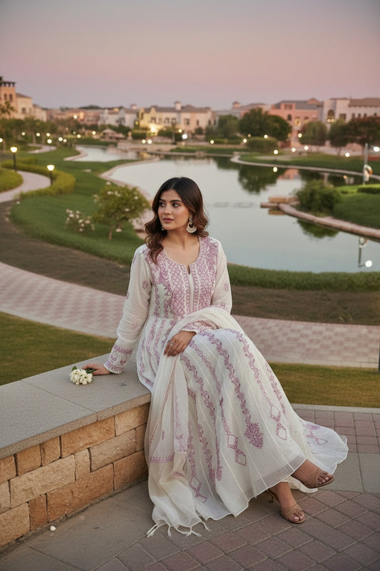 Mul Chanderi Chikankari Anarkali Suit
