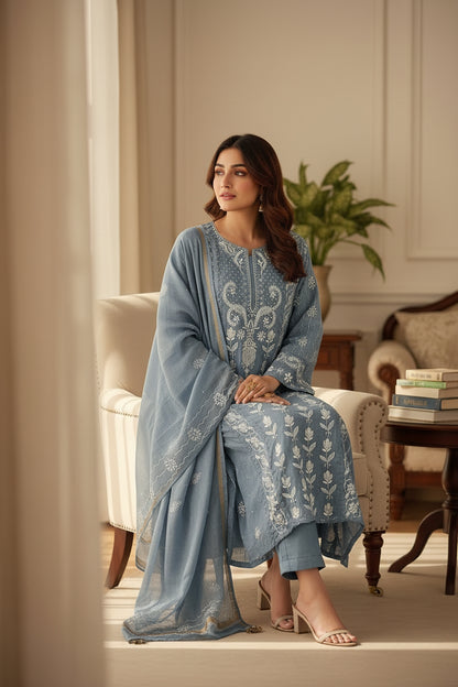 Blue Grey Tissue Chanderi Silk Suit with Chikankari and Embellishments