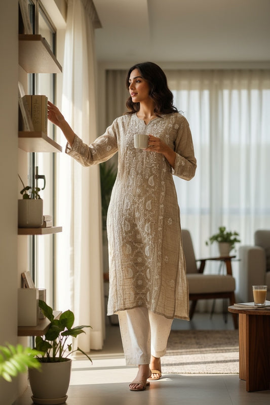 Elegant woman in Pure Tussar Silk kurta with Chikankari embroidery, holding a cup in a sunlit room.