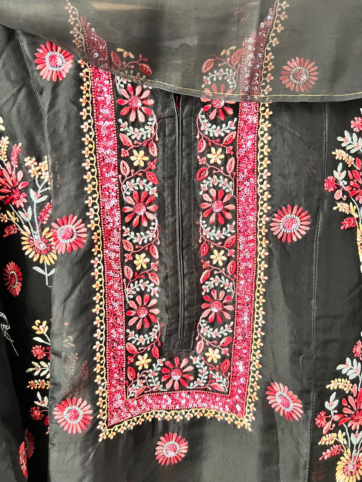 Black Pure Organza Silk Kurta Set with Multi Colour Chikankari and Embellishments