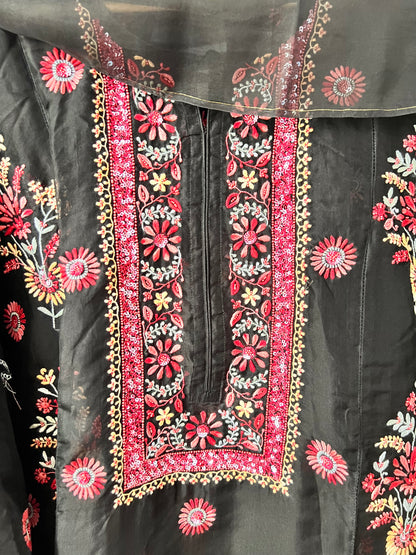Black Pure Organza Silk Kurta Set with Multi Colour Chikankari and Embellishments