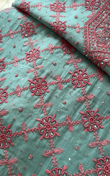 Sea Foam Green Mul Chanderi Suit Set with Chikankari and Embellishments