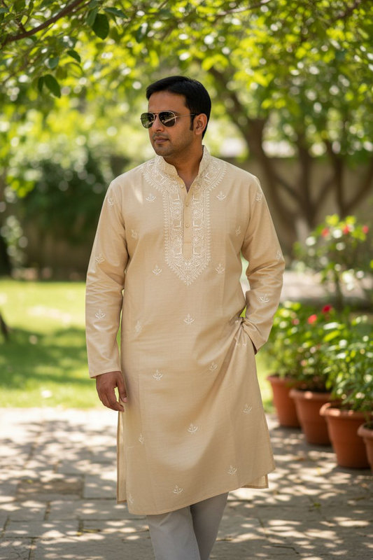 Man standing in a garden wearing Pure Munga Silk Chikankari Kurta