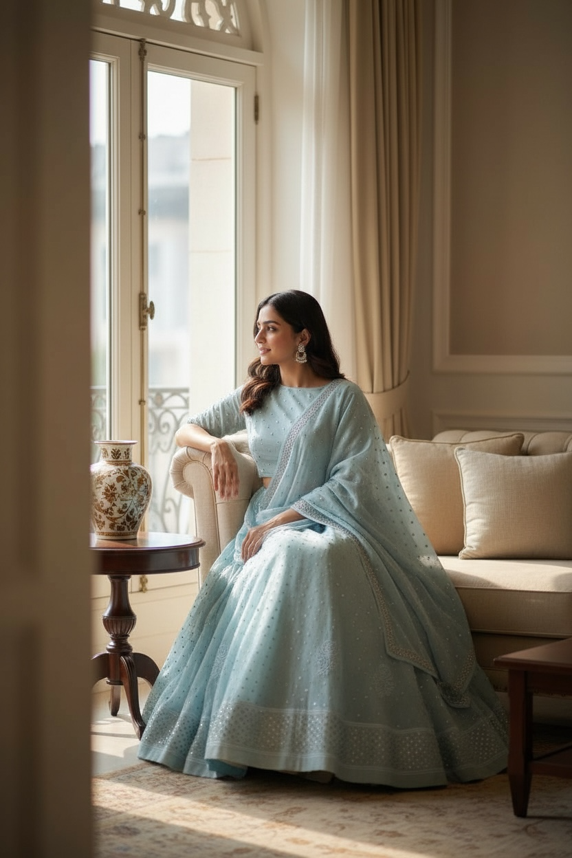 Powder Blue Lehanga Set with Chikankari and Mukaish