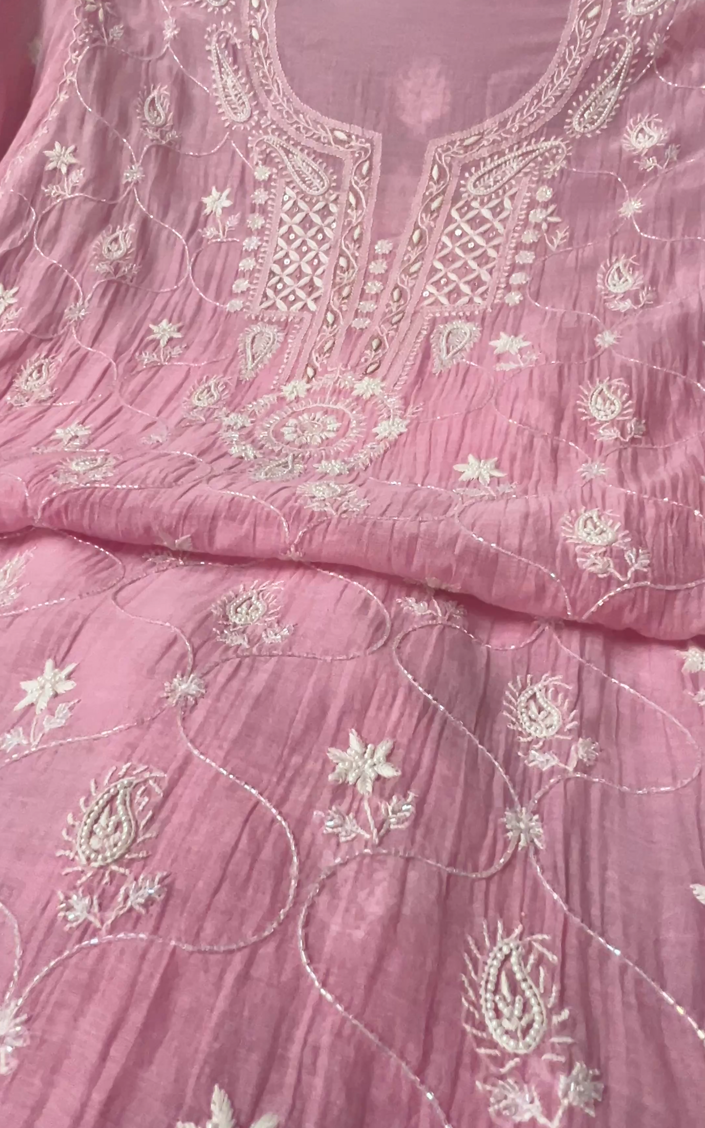 Rose Pink Mul Chanderi Suit with Chikankari & Embellishments