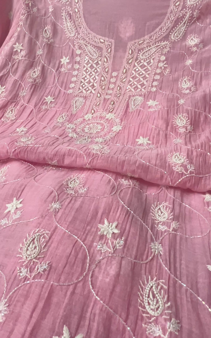Rose Pink Mul Chanderi Suit with Chikankari & Embellishments