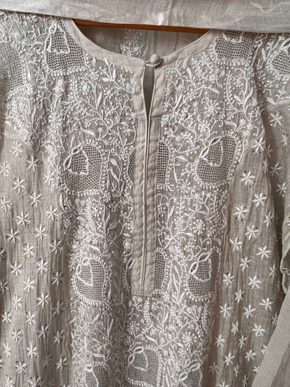 Silver Tissue Chanderi Silk Suit with Chikankari, Kasab Haath Jaali and Mukaish